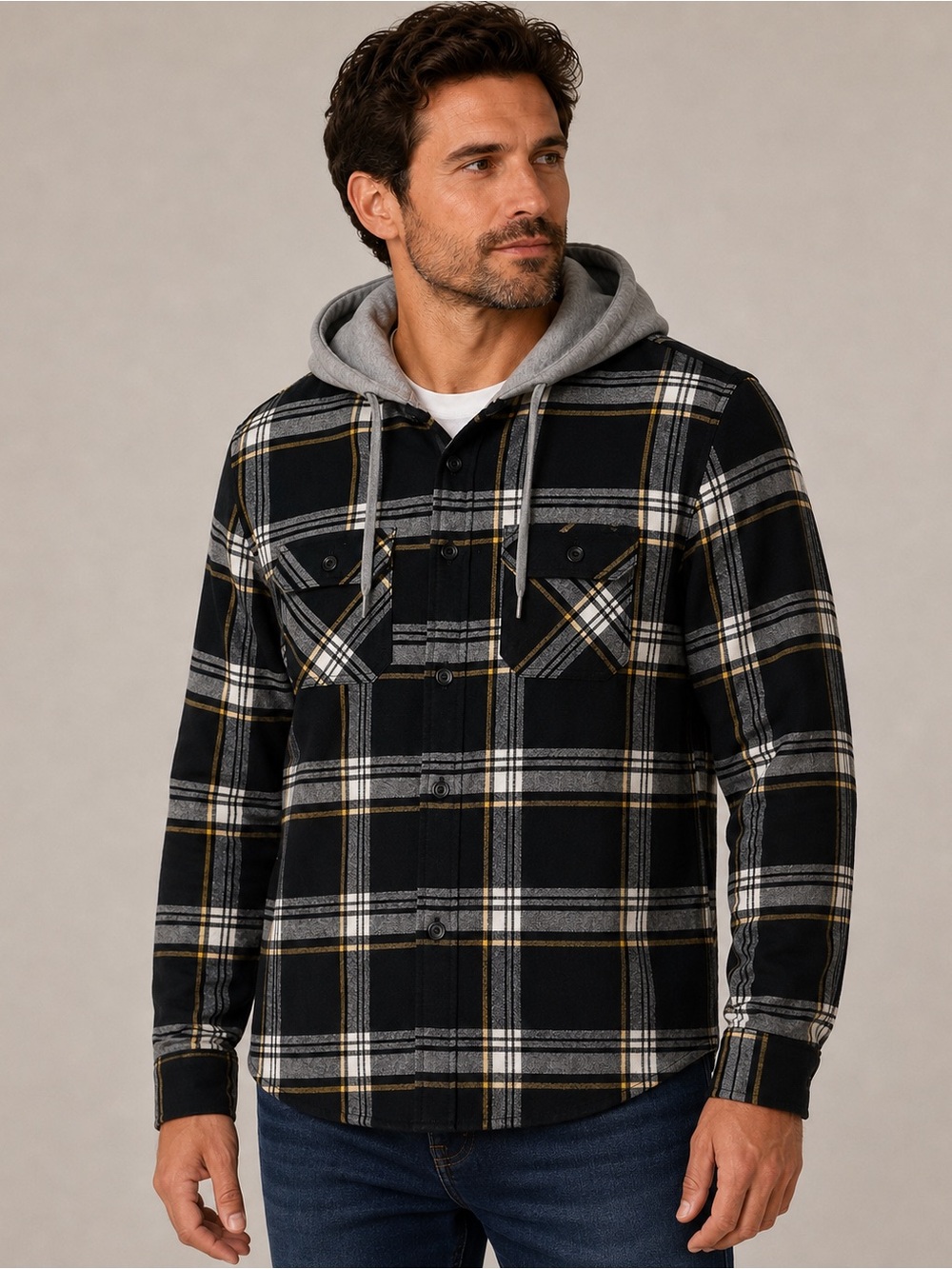 BLUENOTES Mens Black Plaid Hooded Flannel Shacket Sz XL Classic Casual Brand